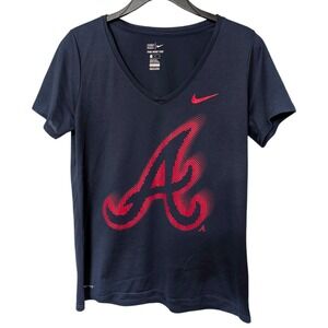 Nike Atlanta Braves Dri-Fit V-Neck T-Shirt Navy Blue MLB Graphic Tee Size Large